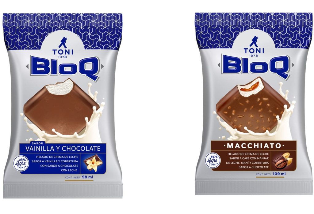 Helados Toni BloQ en sus presentaciones: Vainilla & Chocolate y Macchiato.