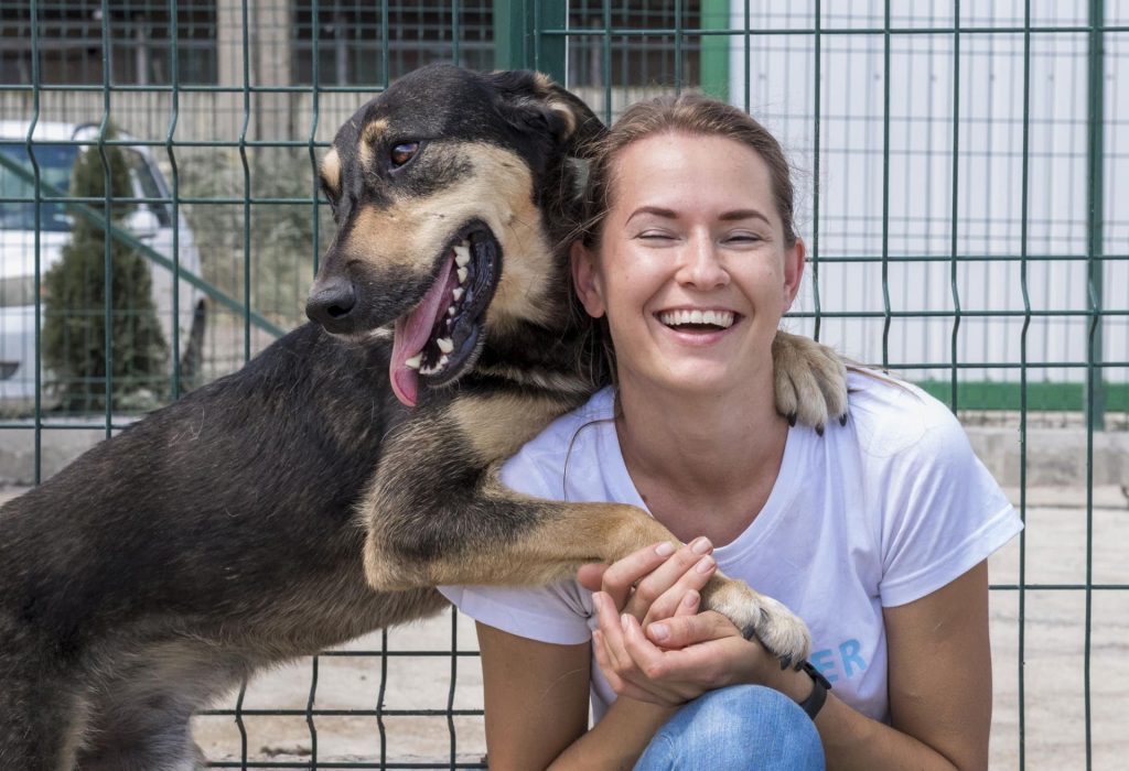 smiley-woman-playing-shelter-with-dog-waiting-be-adopted